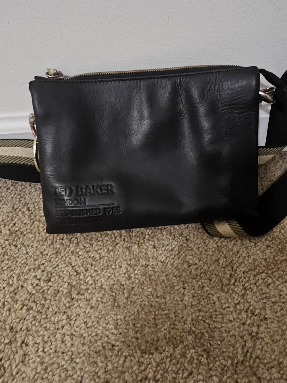 Ted Baker Black Leather Belt Bag with Striped Strap